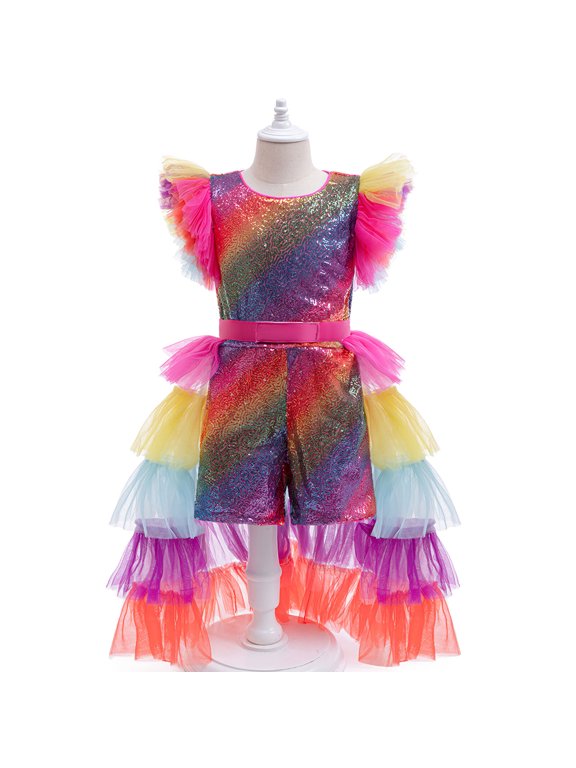 Girls Rainbow Carnival Costume Birthday Sparkly Sequin Tutu Outfits, Size 4-5Y