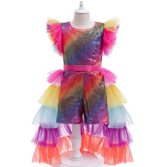 Girls Rainbow Carnival Costume Birthday Sparkly Sequin Tutu Outfits, Size 5-6Y