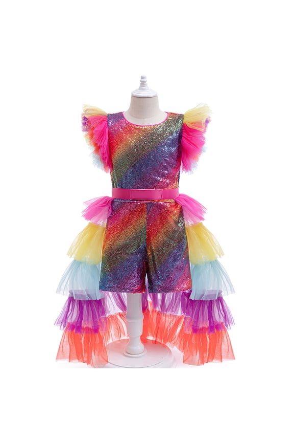 Girls Rainbow Carnival Costume Birthday Sparkly Sequin Tutu Outfits, Size 5-6Y