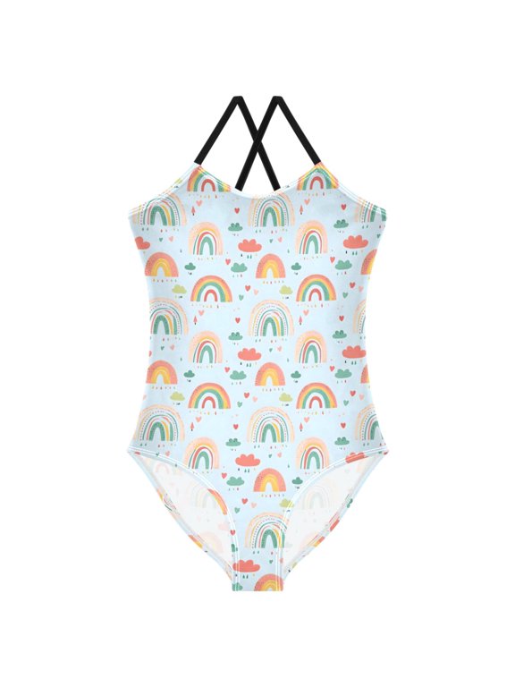 Girls Rainbow Cartoon Cloud Print One Piece Swimsuit, Cross Back Spaghetti Strap Bathing Suit for Kids Summer Beach Pool Swimwear 9-10T