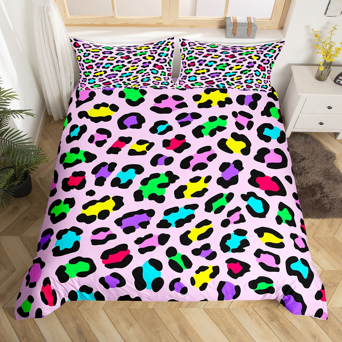 Girls Rainbow Cheetah Print Comforter Cover Colorful Leopard Print Bed