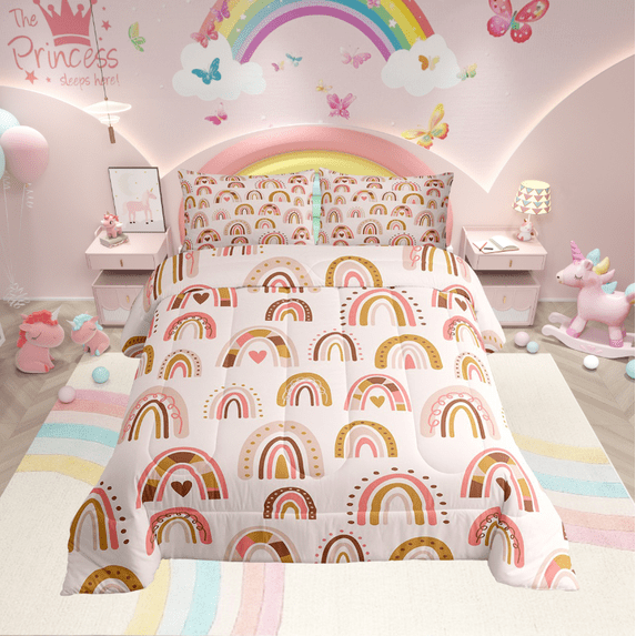 Rainbow Comforter Set Cute Love Heart Boho Stripes Bedding Comforter Sets with 2 Pillowcases,Cartoon Style Rainbow Bedding Full Watercolor Kawaii Design Duvet Set Pink Room Decor