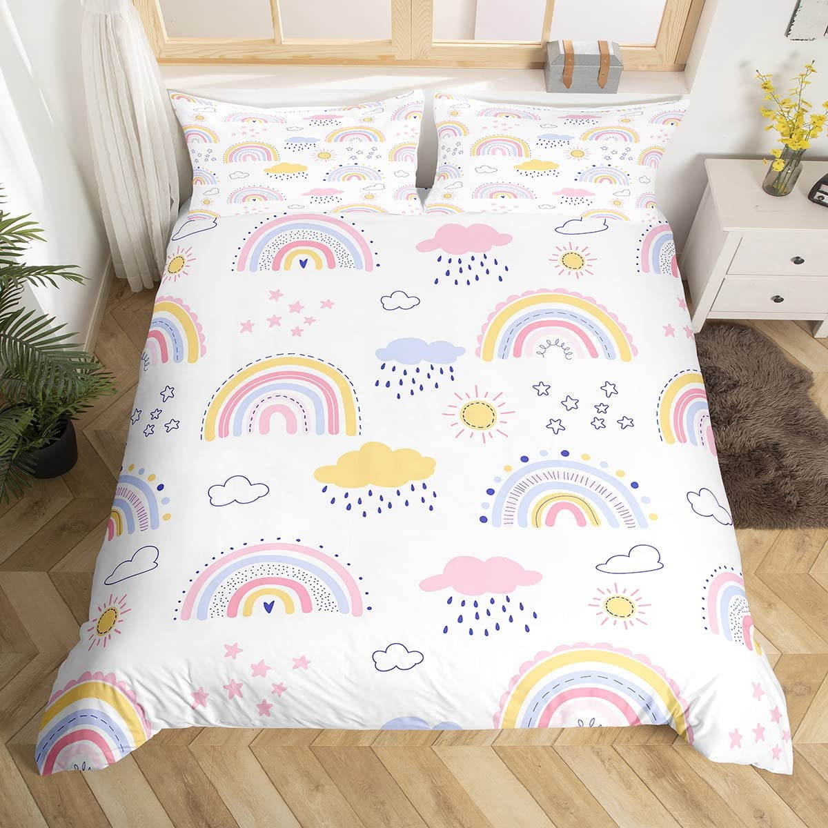 Girls Rainbow Duvet Cover Set Sun and Stars Comforter Cover Full Size