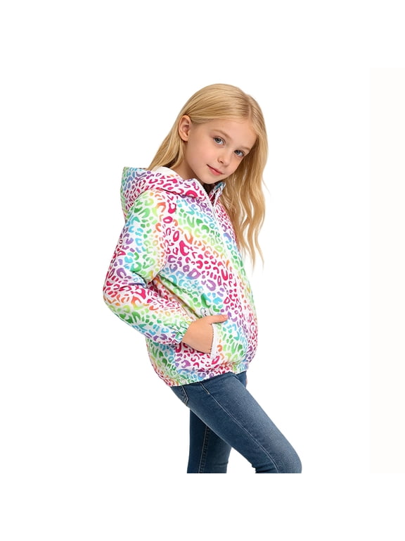 Girls Rainbow Leopard Print Windbreaker Jacket Hooded Zip Up Long Sleeve Outdoor Coat 7-8 Years Kids Fall Winter Coats