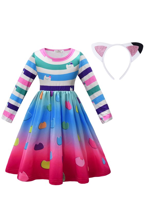Girls Rainbow Long Sleeve Stripe Dress Halloween Costume