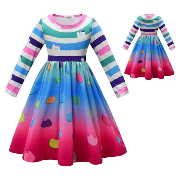 Girls Rainbow Long Sleeve Stripe Dress Halloween Costume