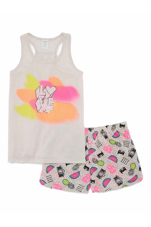Girls Rainbow Love Pajamas Kitty Cat Hearts Shorts & Tank Top Sleep Set