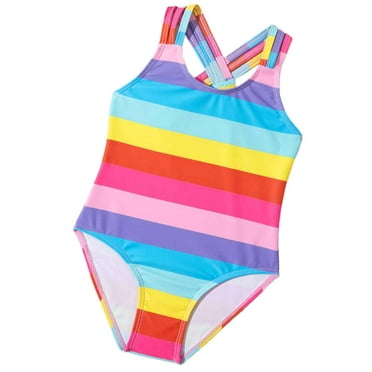 Girls Rainbow One Piece Swimsuits Colorful Cute Crisscross Back Bathing Suits Tween Neon Beachwear, Multicolor, 4 Years