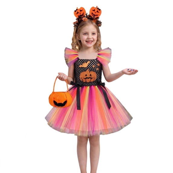 Girls Rainbow Pumpkin Tutu Dress Set, 3-Piece Themed Outfit with Headband Candy Basket, Halloween Pretend Play Dress For 3-12Y