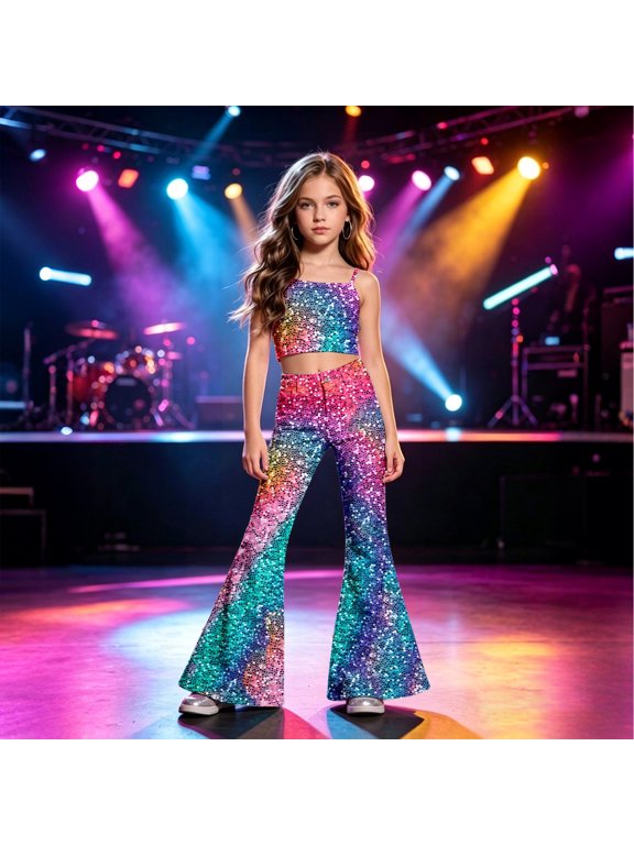Girls Rainbow Sequin Flare Pants HighWaist Sparkly Playful Loose Fit Trousers for Party Stage Performance Multicolour,11-12 Years