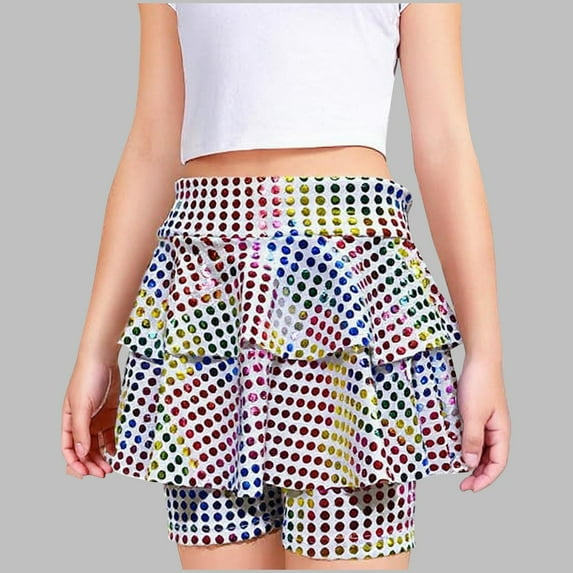 Girls Rainbow Sequin Skirt with Built-in Shorts, Multicolor Sparkle Ruffle Tutu for Dance & Party,Size 5-6 T