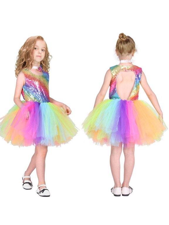 Girls Rainbow Sequin Tutu Dress â Backless Party Gown with Sparkly Bodice â Enchanting Birthday Carnival for Ages 2-10