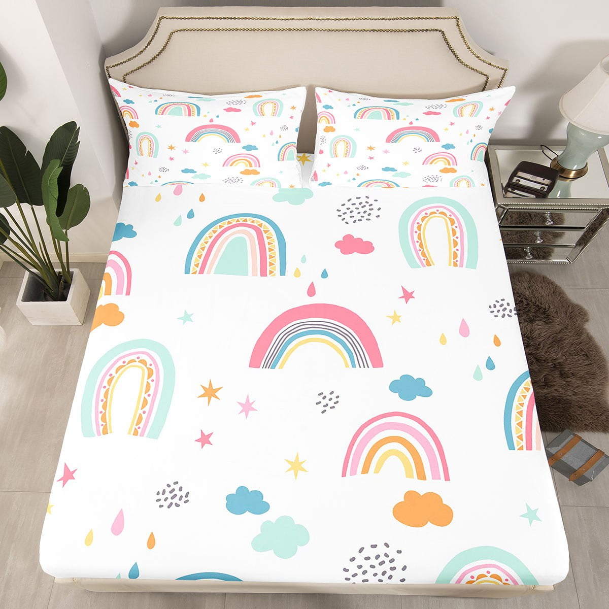 Girls Rainbow Sheets Twin,Cute Cartoon Rainbow Bed Sheets Boho Rainbows