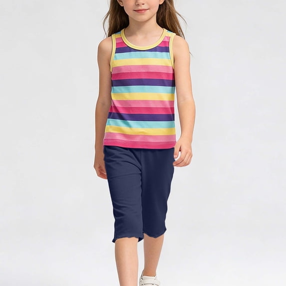Girls' Rainbow Striped Two-Piece Summer Round Neck Sleeveless Vest And Elastic Waisted Cropped Pants Set Sizes 1-12