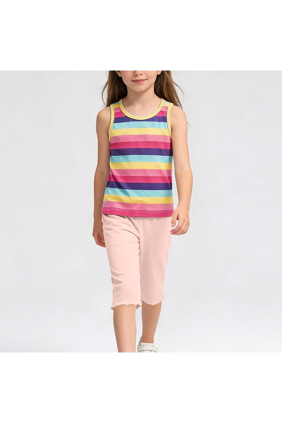 Girls' Rainbow Striped Two-Piece Summer Round Neck Sleeveless Vest And Elastic Waisted Cropped Pants Set Sizes 1-12
