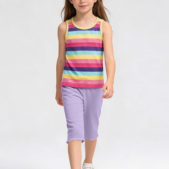 Girls' Rainbow Striped Two-Piece Summer Round Neck Sleeveless Vest And Elastic Waisted Cropped Pants Set Sizes 1-12