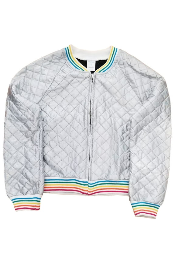 Girls Rainbow Stripes Silver Shimmer Zip Up Quilted Jacket Coat X-Large (16)