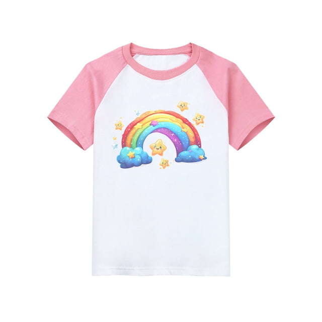 Girls Striped Polo Shirt with Collar – Summer Rainbow Print Cotton Top for Kids