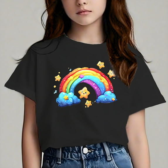 Girls' Rainbow Tees Tops Summer Short-Sleeve T Shirts Kids Girls Cotton Crew Neck Shirt, Casual Solid Plain Short Sleeve T-Shirt Tees