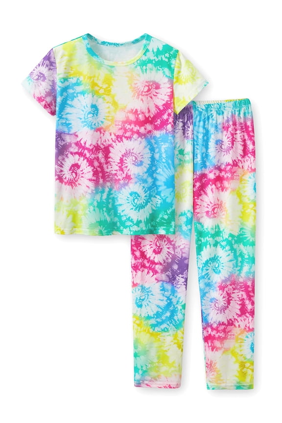 Girls Rainbow Tie Dye Swirl Pajamas Soft Multi-Colored Summer Outfit Lounge Pants Set Kid Size 14