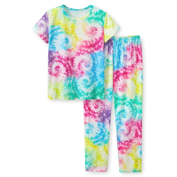 Girls Rainbow Tie Dye Swirl Pajamas Soft Multi-colored Summer Outfit Lounge Pants Set Kid Size 16