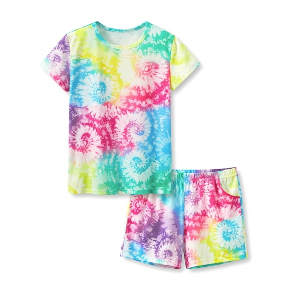 Girls Rainbow Tie Dye Swirl Pajamas Soft Multi-colored Summer Outfit Lounge Set Kid Size 16