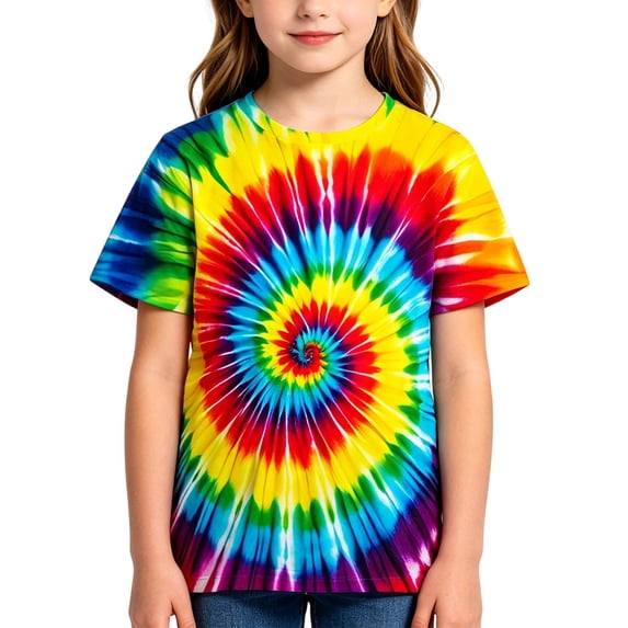 Girls’ Rainbow Tie Dye T-Shirt, Short Sleeve Crewneck Graphic Tee, Colorful Casual Summer Top for Kids