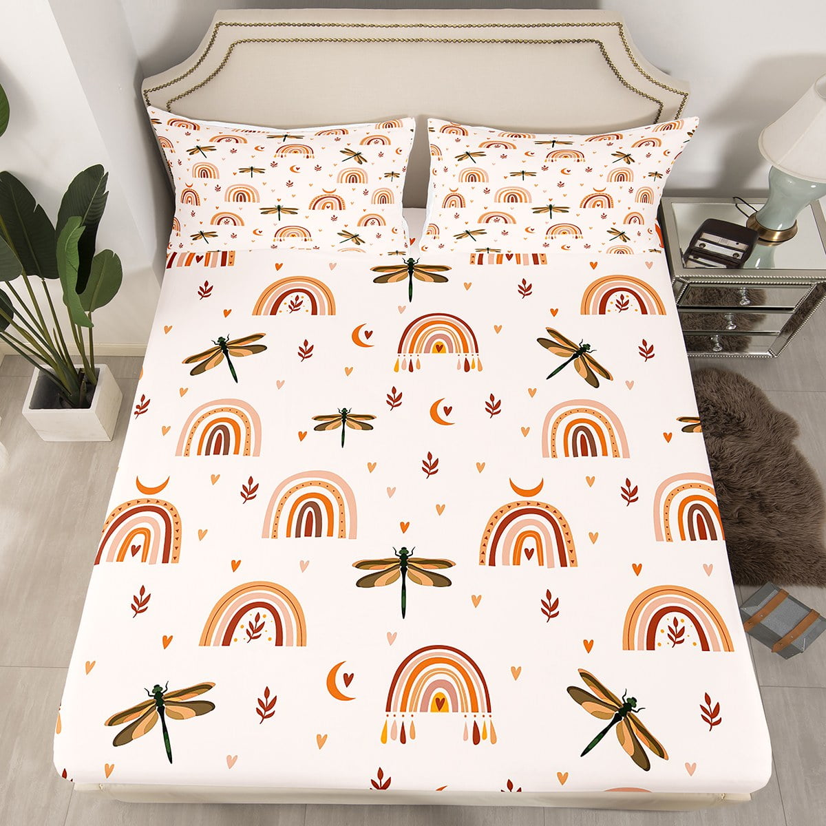 Girls Rainbow Twin Sheets Boho Dragonfly Bed Sheets, Hippie Moon Fitted