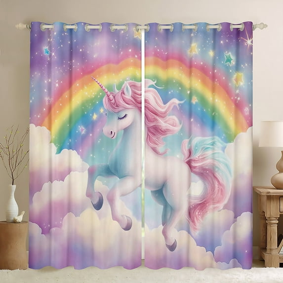 Rainbow Unicorn 30%-50% Blackout Curtains Rainbow Unicorn Curtains Kawaii Unicorn Bedroom Curtains Galaxy Stars Fantasy Decor Window Curtains Cartoon Unicorn Curtains,2 Panels (42Wx90L)