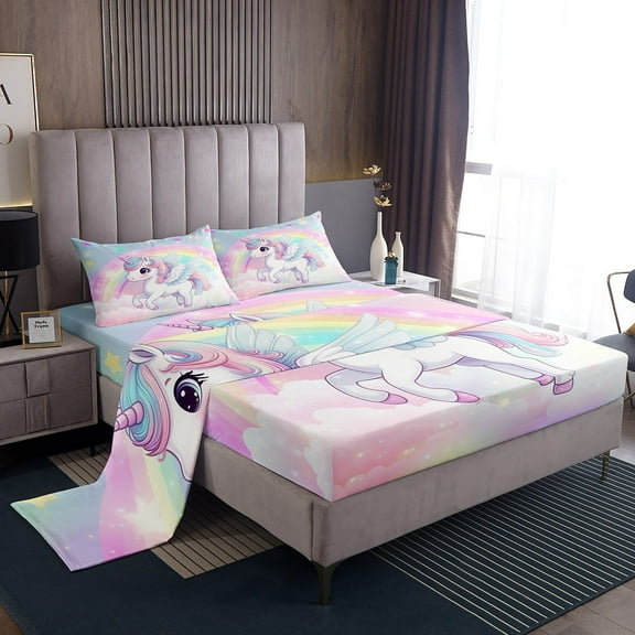 Rainbow Unicorn Full Bed Sheets Unicorn Sheets,Galaxy Stars Fantasy Decor Sheet Set Blue Pink Gradient Fitted Sheet Kawaii Unicorn Print Flat Sheet