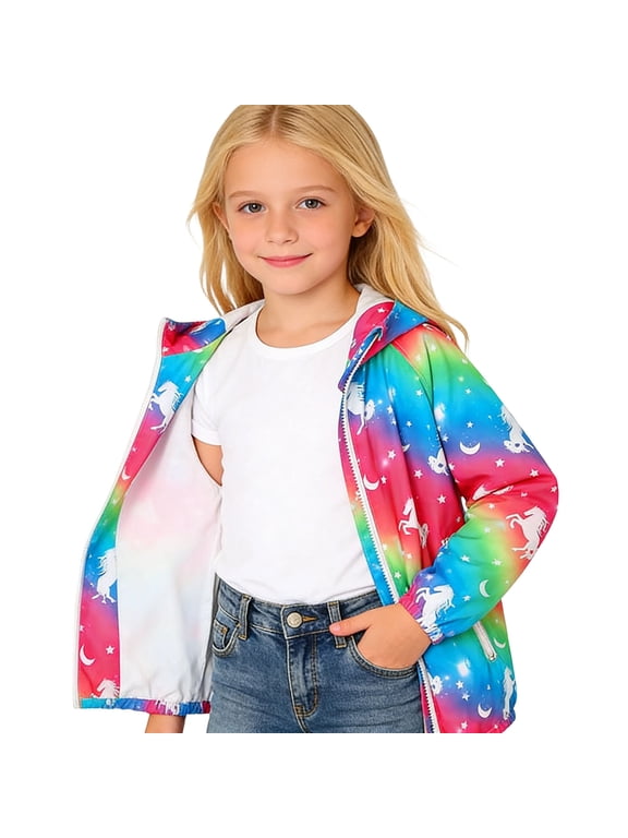 Girls Rainbow Unicorn Print Windbreaker Jacket Zip Up Hooded Long Sleeve Outdoor Outerwear Fall Fashion Outfits 7-8T