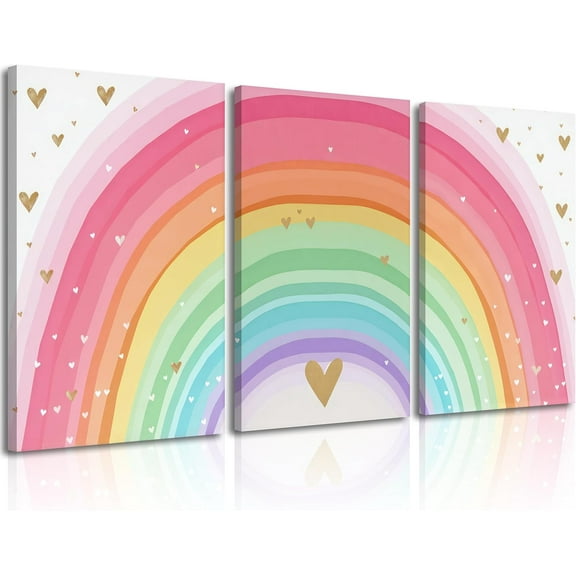 Girls Rainbow Wall Art Set of 3, Colorful Nursery Wall Decor Painting, Kids Heart Picture Poster Prints for Classroom Kids Room Baby Room Bedroom Dorm Home Decoration 12x16in Unframed