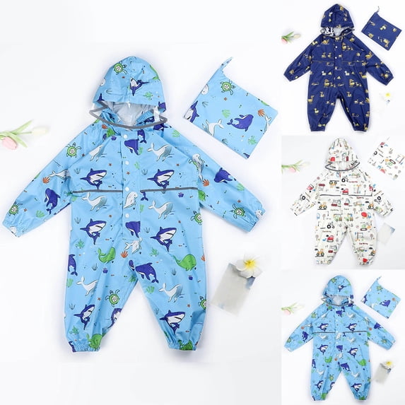 Girls Raincoat, Kids Toddler Rain Suit for Boys Girls One Piece Hoodie Zipper Cartoon Waterproof Coverall Rain Jacket