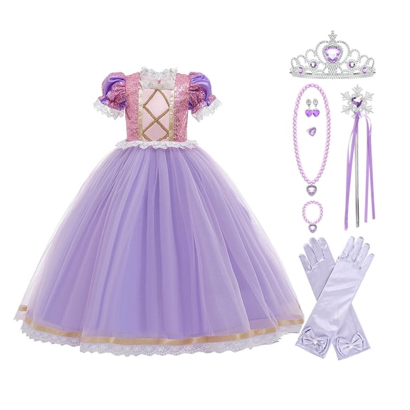 Girls Princess Costume Birthday Christmas Halloween Cosplay Carnival Fancy Dress w/Gloves Accessories,Child 6-7 Years