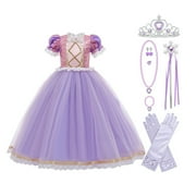Girls Princess Costume Birthday Christmas Halloween Cosplay Carnival Fancy Dress w/Gloves Accessories,Child 6-7 Years