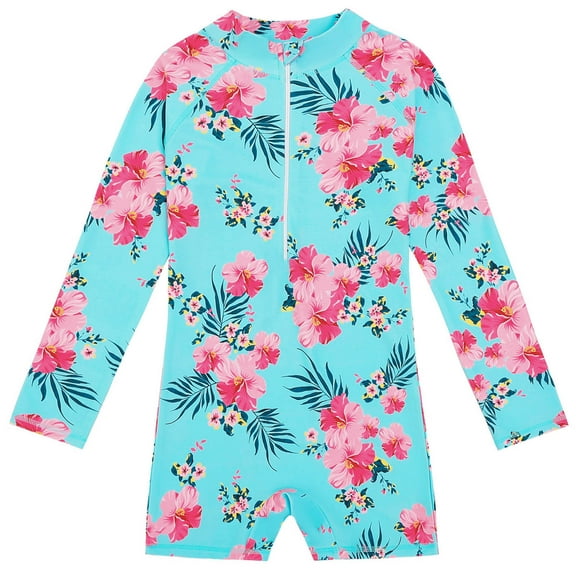 Girls Rash Gard Zip Long Sleeve Girls One Piece Swimsuits Bathing Suits for Girls Swim Shorts Long Sleeve Printed Rash Guard Swimsuit for Toddler Girls Beach Bathing Suit