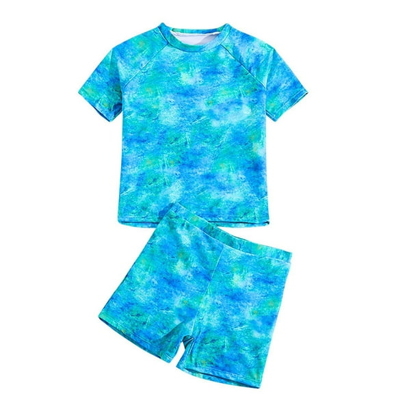 Girls Rash Guard 2 Piece Swimsuits Surfing Short Sleeve Tie Dye Swimwear with Shorts Sun Protection Bathing Suit, Blue, 9 Years