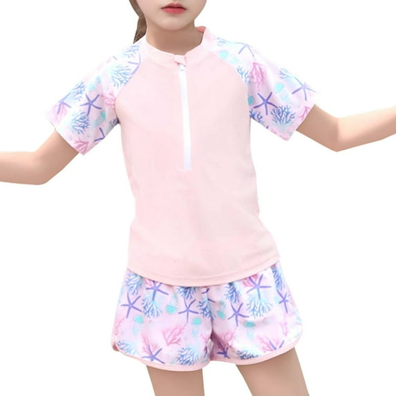 Girls Rash Guard 2 Pieces Bathing Suit Swimsuit with Swimm Shorts Swimwear Red L