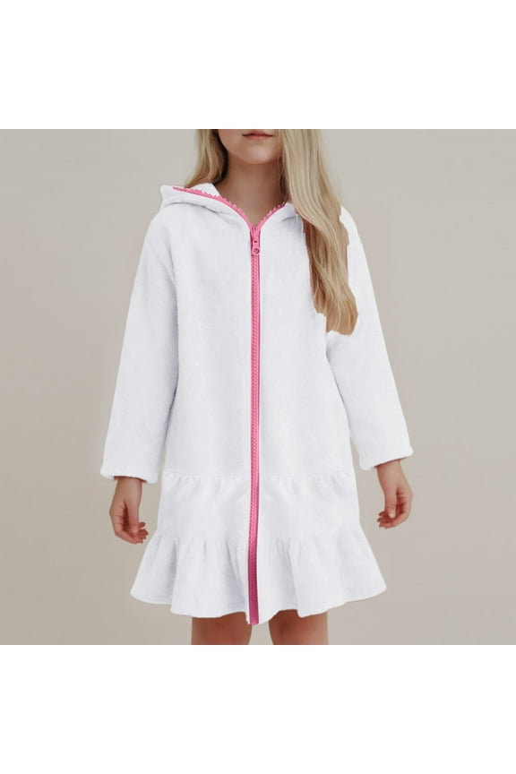 Girls Rash Guard Bathing Suit Girls Terry Cloth Swim Cover Up Zip Up Hooded Bathing Suit Coverup Wraps Rufled Puff Sleeve Pool Beach Robe Cover-Up