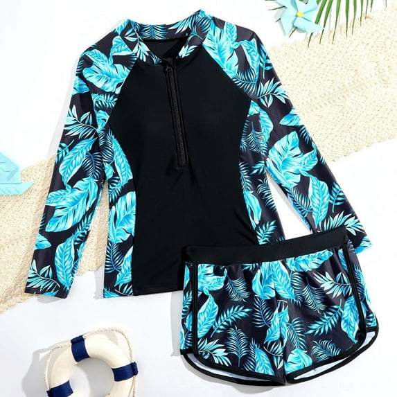 Girls Rash Guard Sets 2 Piece Zipper Long Sleve Tops Printed Bathing Suits with Shorts Quick Dry Kids UPF 50+ Summer Beach Swimwear Black 7-8 Years