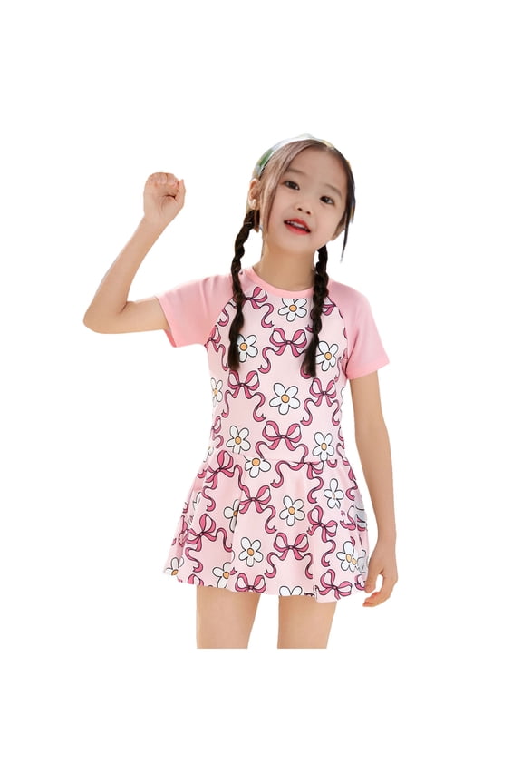 Girls Rash Guard Swim Dresses Short Sleeve Floral Swimsuits Quick Dry Swimdress One Piece Bathing Suits Pink, 4 Years