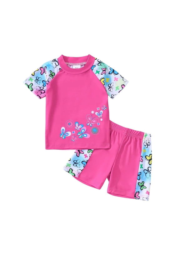 Girls Rash Guard Swimsuit 2 Piece Cute Cartoon Floral Print UPF 50+ Short Sleeve Bathing Suits with Shorts Summer Beach Swimwear