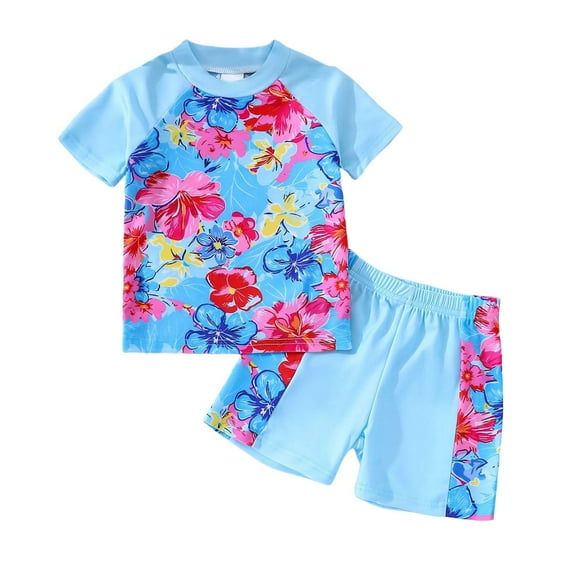 Girls Rash Guard Swimsuit 2 Piece Cute Cartoon Floral Print UPF 50+ Short Sleeve Bathing Suits with Shorts Summer Beach Swimwear