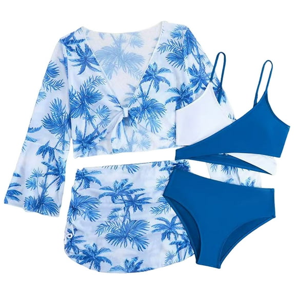Girls Rash Guard Swimsuit Girls' 3 Piece Swimsuit Bathing Suits Graphic Bikini Sets for Teens with Skirt Coverup