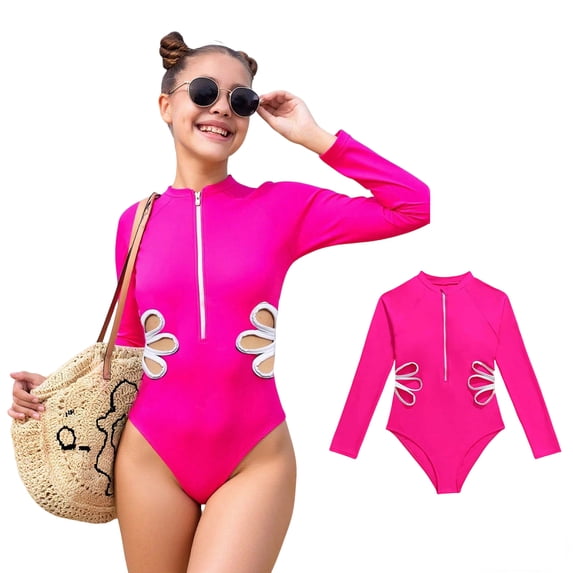 Girls Rash Guard Swimsuit Long Sleeve Sun Protection Striped Ruffle Kids Swimsuit 6-7 Years