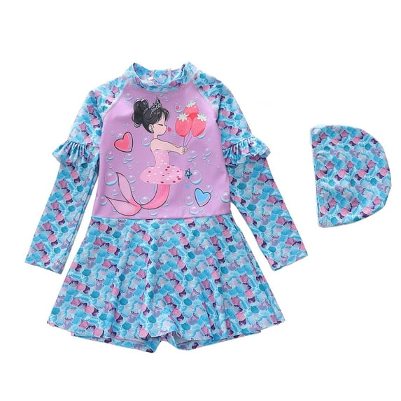 Girls Rash Guard Swimsuit Printed Long Sleeve Bathing Shorts Set with Hat for Kids