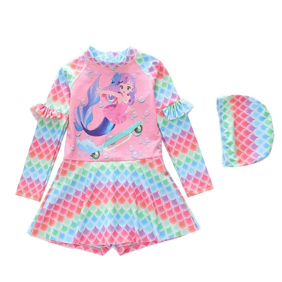 Girls Rash Guard Swimsuit Printed Long Sleeve Bathing Shorts Set with Hat for Kids