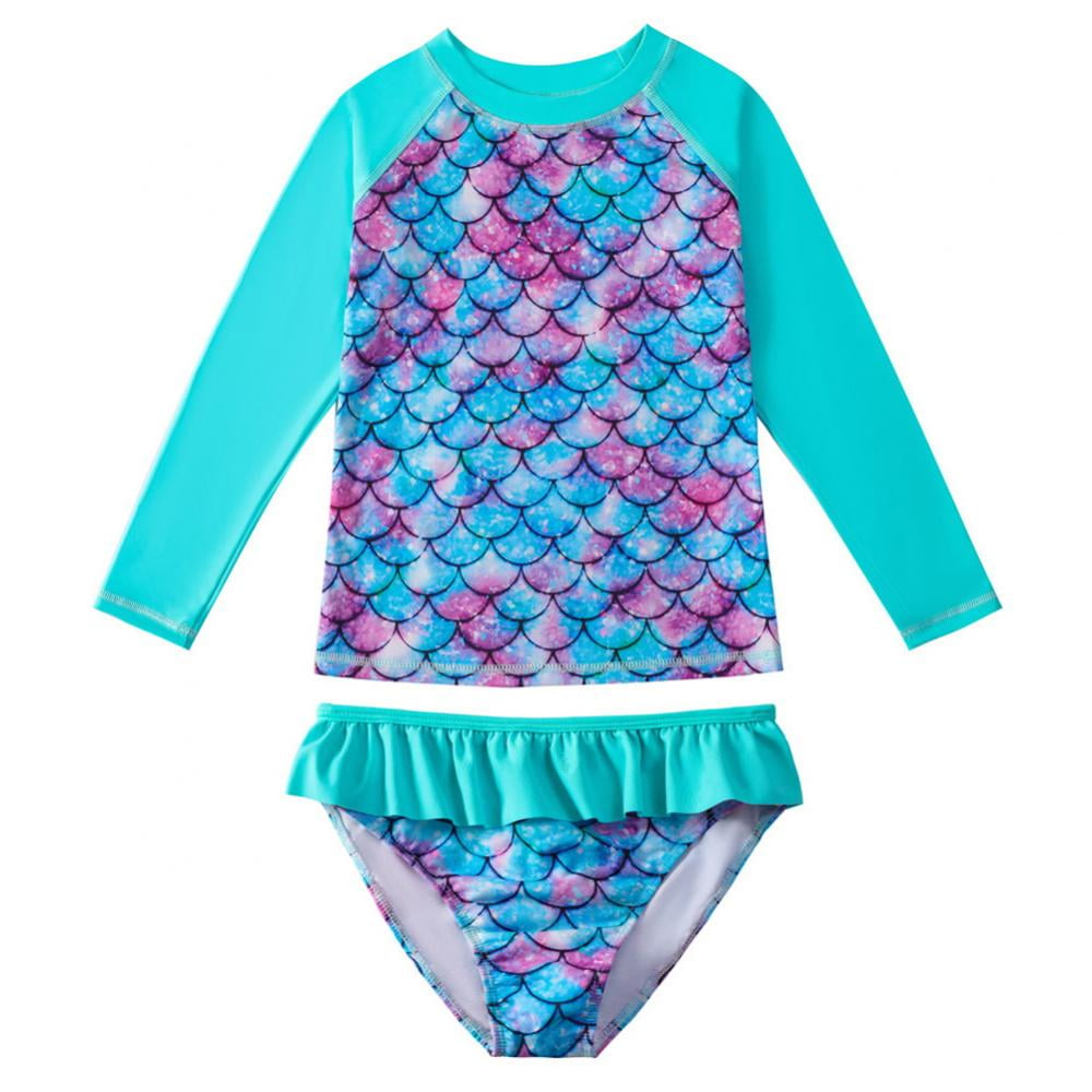 Girls UPF 50+ Rash Guard Swimsuit Set - Two Piece Short Sleeve Swimwear For Ages 4-14