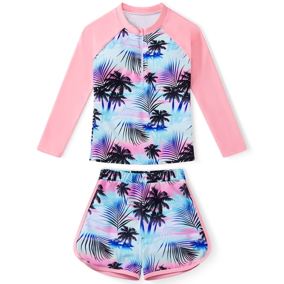 Girls Rash Guard Swimsuit Set – Quick Dry Long Sleeve, UPF 50+ Sun Protection, 2-Piece Swimsuit with Front Zipper, 82% Polyester 18% Spandex, for Beach & Pool, Sizes 5-12 Years