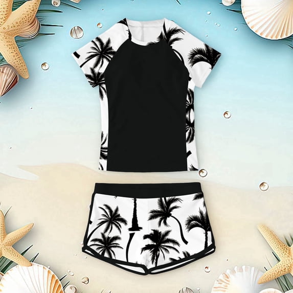 Girls Rash Guard Swimsuit Two Piece Short Sleeve Shorts Bathing Suit Trendy Spring Summer Fall Child Swimwear